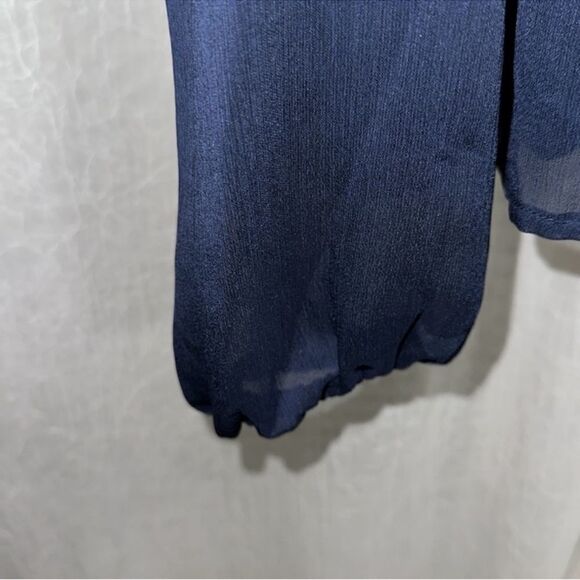 LOFT M Navy Chiffon Ruffle Neck Back V-Neck Sheer Sleeve Peplum Blouse - Picture 8 of 14
